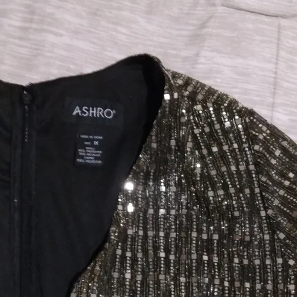 🆕 ASHROS DESIGN Metallic & Black Mock Wrap Dress Live it! Has Mesh sleeves SZ 1X - Picture 3 of 10